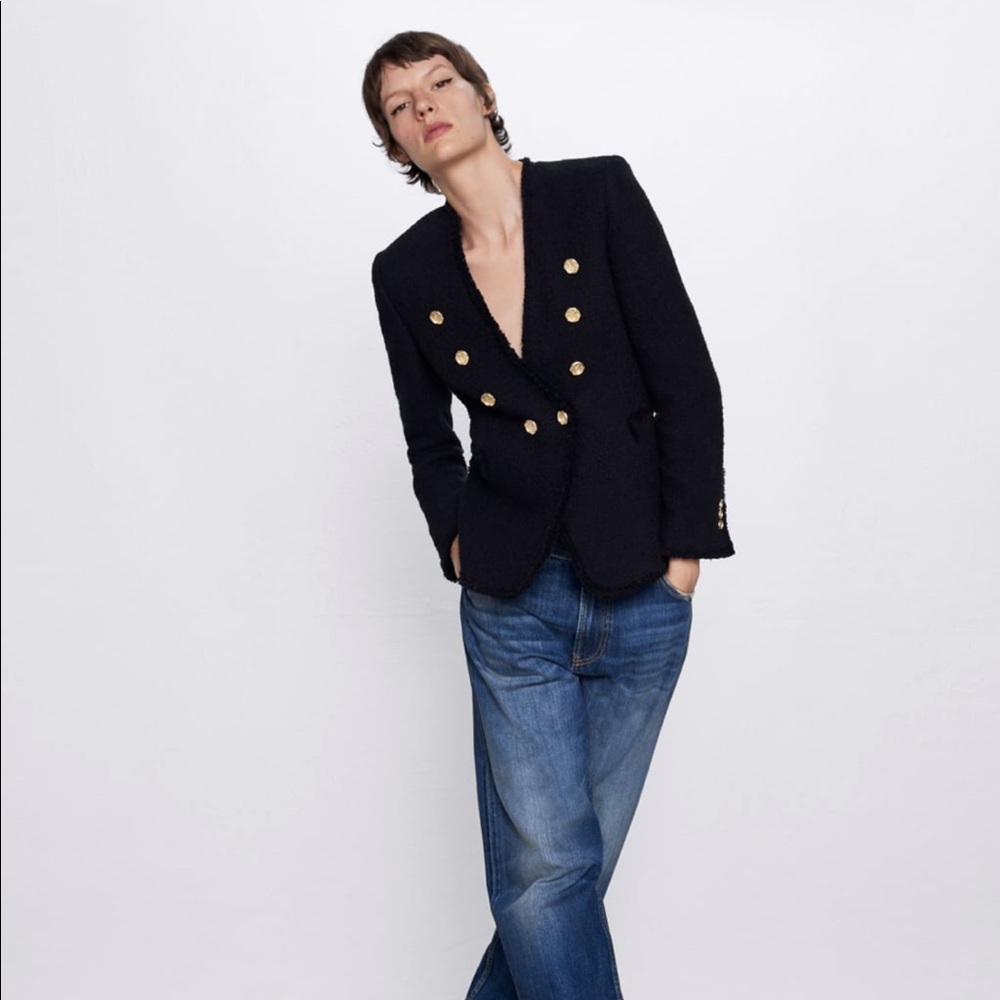 NWT Zara Black Lapelless Jacket with Gold Buttons